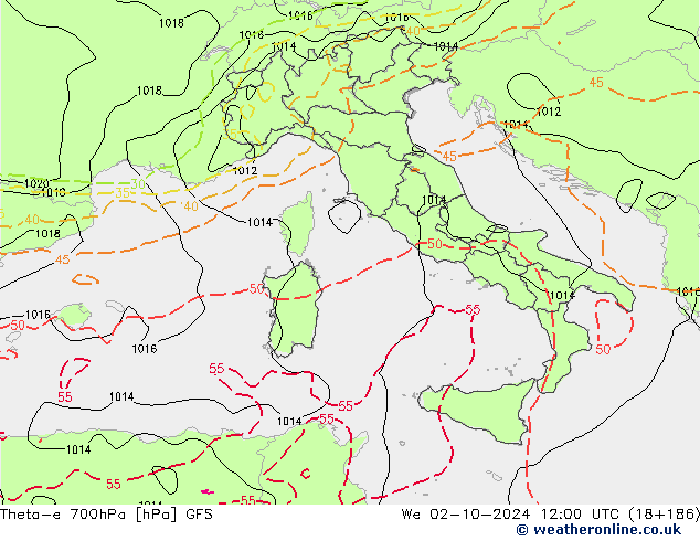 Theta-e 700hPa GFS We 02.10.2024 12 UTC