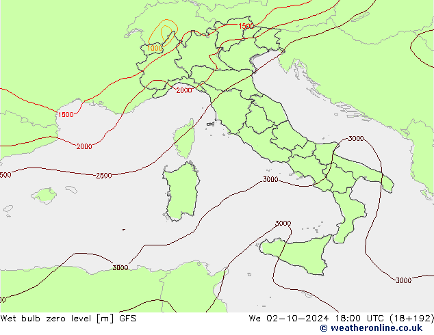 Wet bulb zero level GFS śro. 02.10.2024 18 UTC