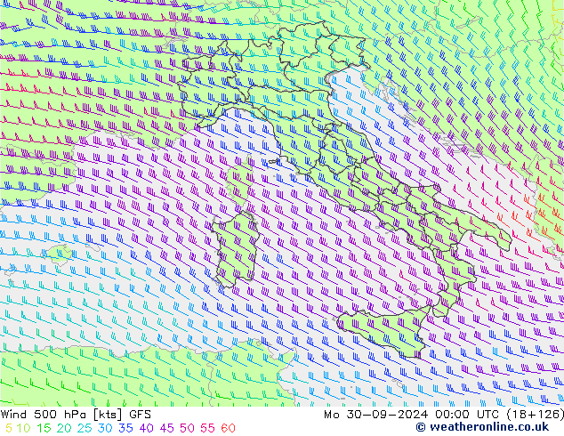 Vento 500 hPa GFS lun 30.09.2024 00 UTC