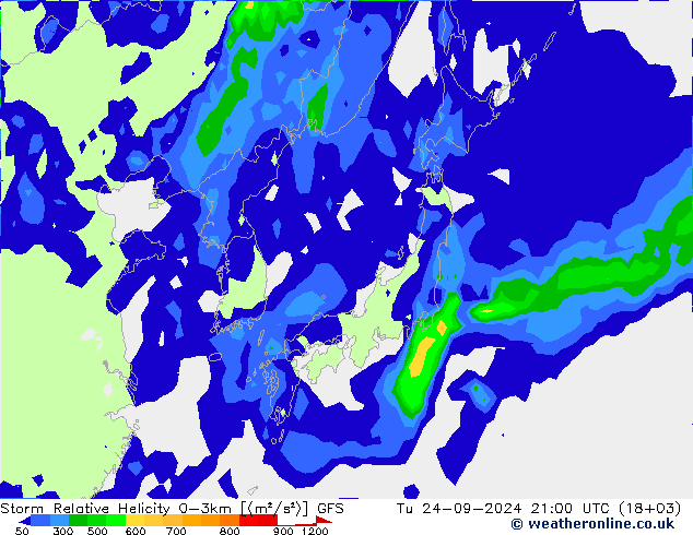 Storm Relative Helicity GFS Tu 24.09.2024 21 UTC