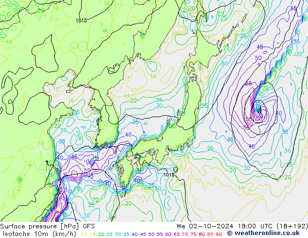 Isotachs (kph) GFS Qua 02.10.2024 18 UTC