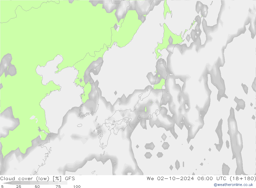 Cloud cover (low) GFS We 02.10.2024 06 UTC