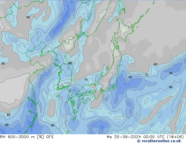 RH 600-3000 m GFS Qua 25.09.2024 00 UTC