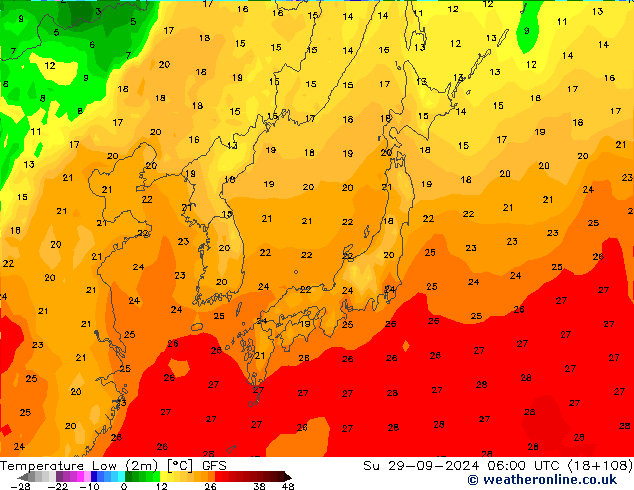 Temperature Low (2m) GFS Su 29.09.2024 06 UTC