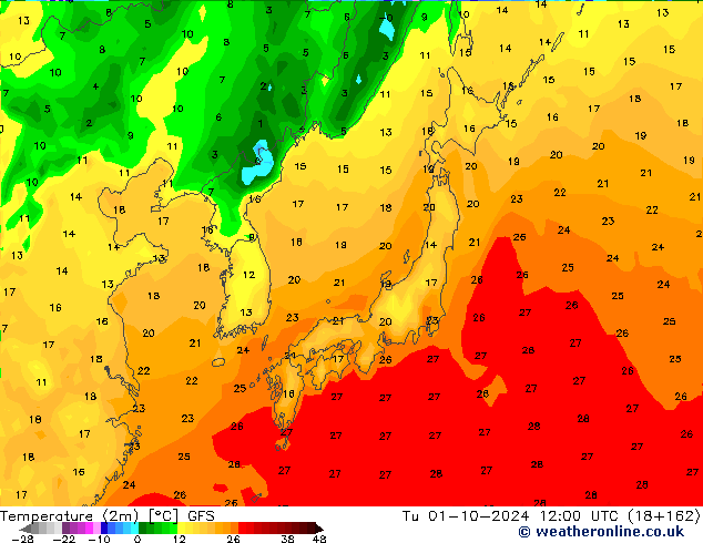 Temperatura (2m) GFS mar 01.10.2024 12 UTC