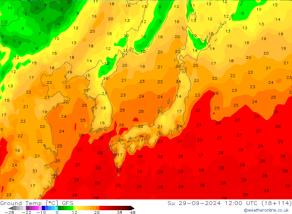 Temperatura del suelo GFS dom 29.09.2024 12 UTC