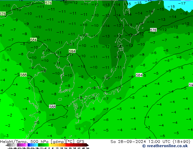 Height/Temp. 500 hPa GFS  28.09.2024 12 UTC