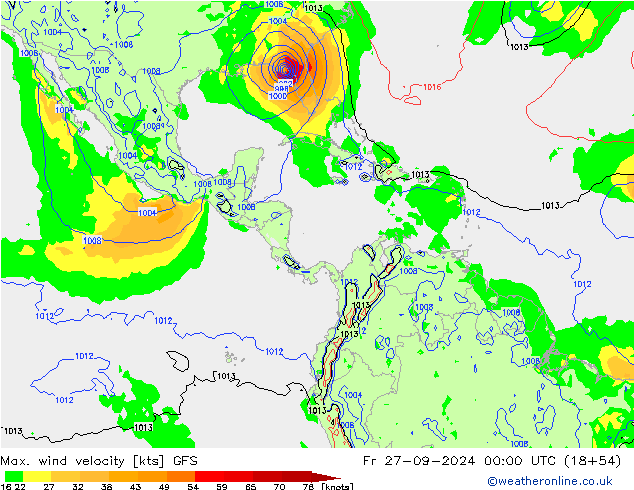 Max. wind velocity GFS пт 27.09.2024 00 UTC