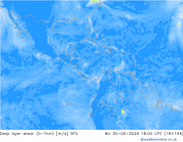 Deep layer shear (0-1km) GFS pon. 30.09.2024 18 UTC