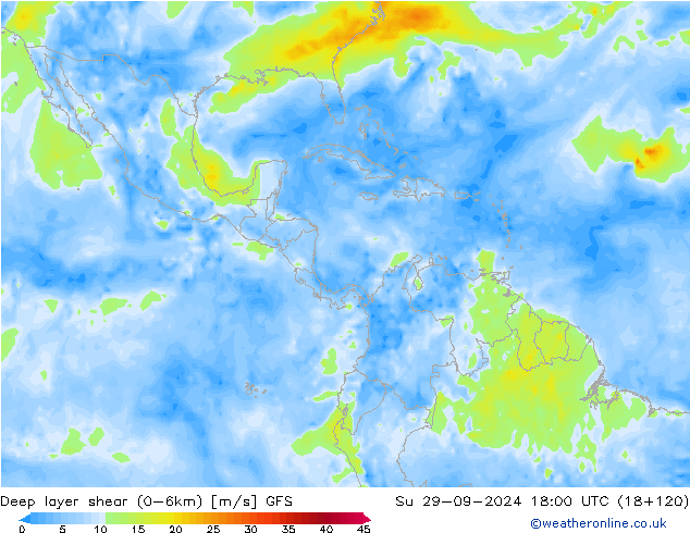 Deep layer shear (0-6km) GFS  29.09.2024 18 UTC