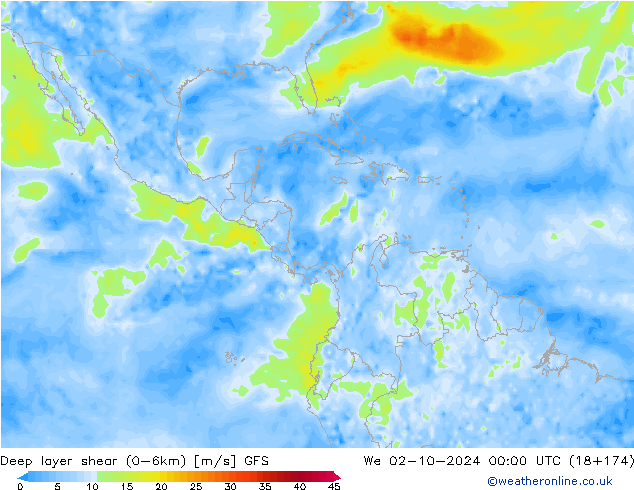 Deep layer shear (0-6km) GFS ср 02.10.2024 00 UTC