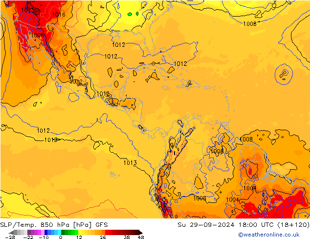 SLP/Temp. 850 hPa GFS nie. 29.09.2024 18 UTC