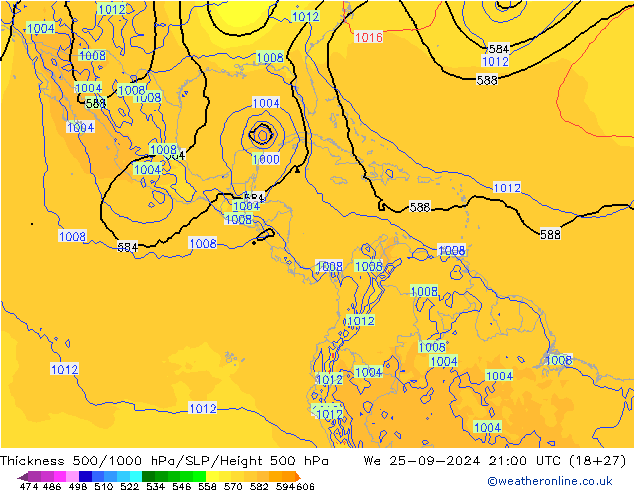 Thck 500-1000hPa GFS Qua 25.09.2024 21 UTC