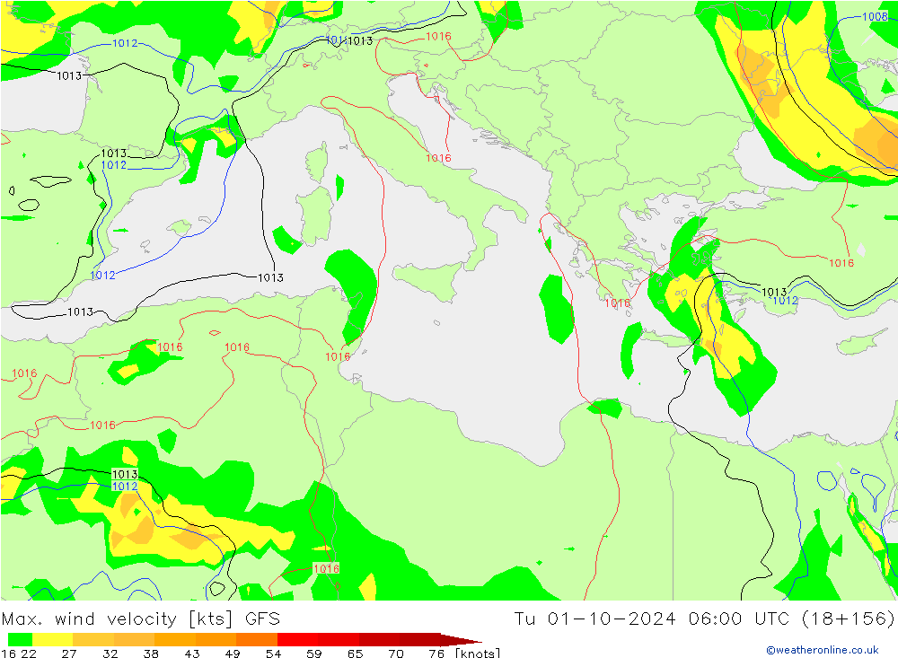 Maks. Rüzgar Hızı GFS Sa 01.10.2024 06 UTC