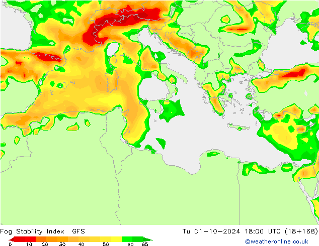 Fog Stability Index GFS Tu 01.10.2024 18 UTC