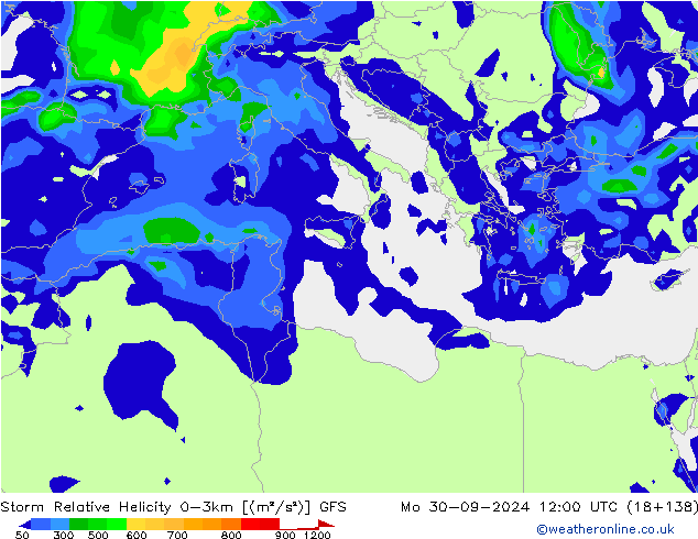 Storm Relative Helicity GFS Mo 30.09.2024 12 UTC