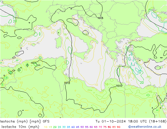 Isotachen (mph) GFS Di 01.10.2024 18 UTC