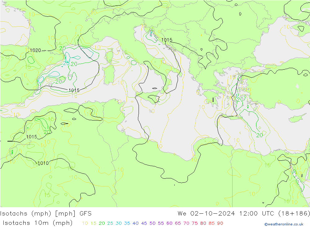 Isotachs (mph) GFS Qua 02.10.2024 12 UTC