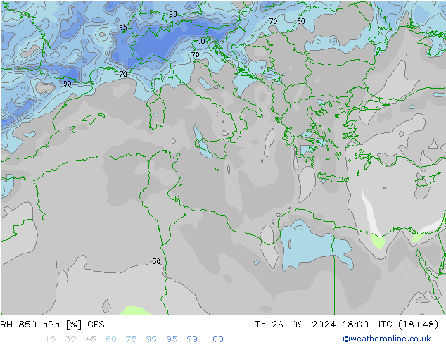 850 hPa Nispi Nem GFS Per 26.09.2024 18 UTC