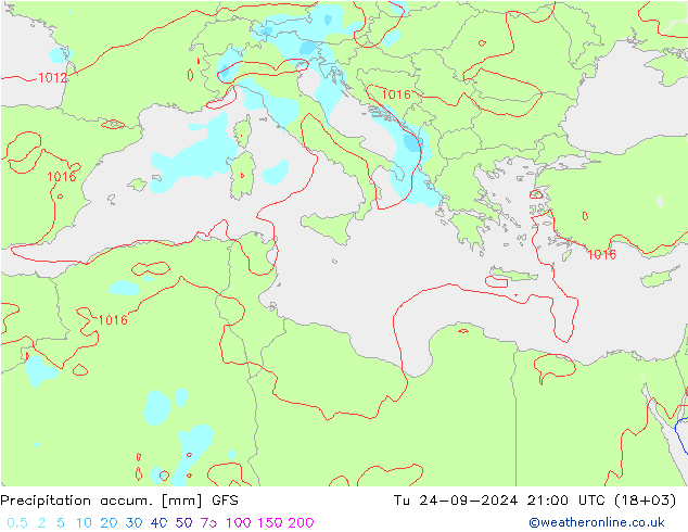 Precipitation accum. GFS Út 24.09.2024 21 UTC