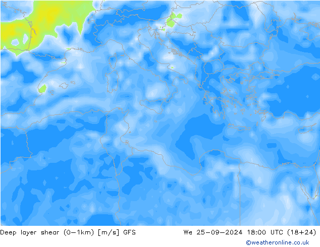 Deep layer shear (0-1km) GFS wo 25.09.2024 18 UTC