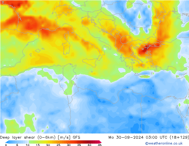 Deep layer shear (0-6km) GFS Mo 30.09.2024 03 UTC