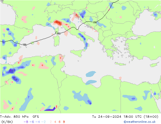 T-Adv. 850 hPa GFS mar 24.09.2024 18 UTC