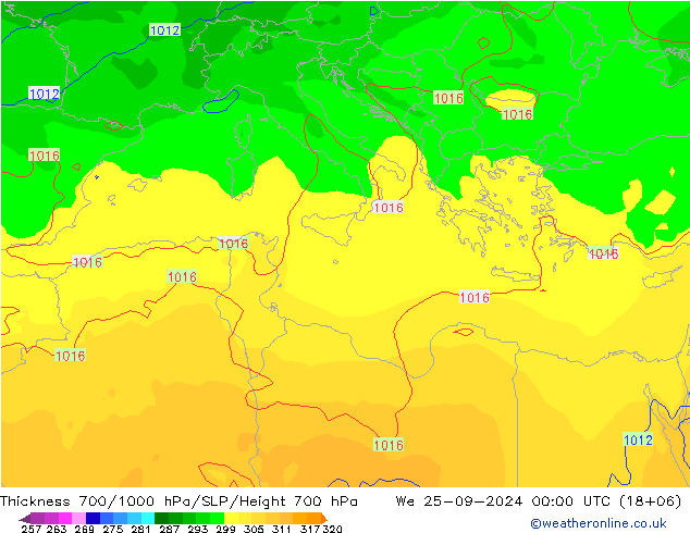 Thck 700-1000 hPa GFS We 25.09.2024 00 UTC