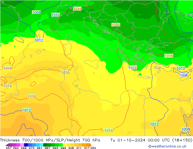 Dikte700-1000 hPa GFS di 01.10.2024 00 UTC