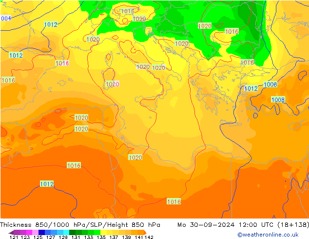 Thck 850-1000 hPa GFS pon. 30.09.2024 12 UTC