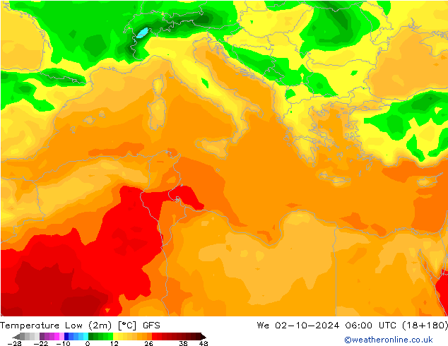 Temperature Low (2m) GFS We 02.10.2024 06 UTC