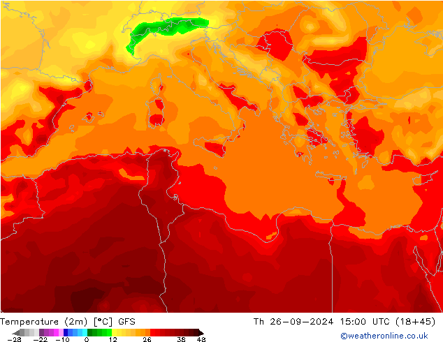 Temperatuurkaart (2m) GFS do 26.09.2024 15 UTC