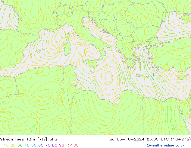 Stroomlijn 10m GFS zo 06.10.2024 06 UTC