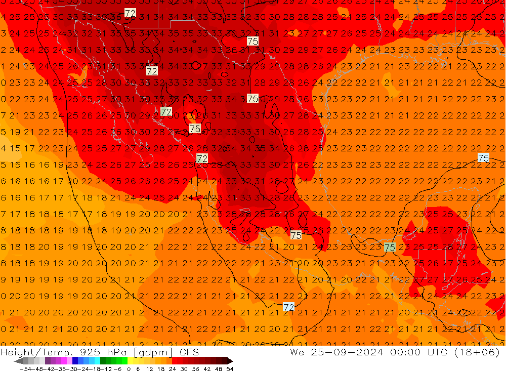 Height/Temp. 925 hPa GFS Qua 25.09.2024 00 UTC