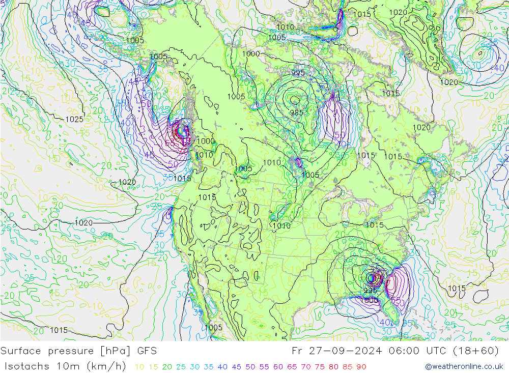 Isotachs (kph) GFS Sex 27.09.2024 06 UTC