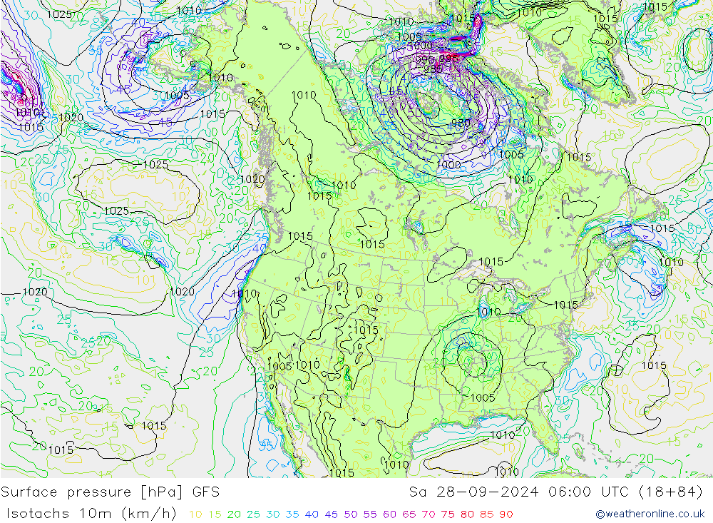 Isotachs (kph) GFS  28.09.2024 06 UTC