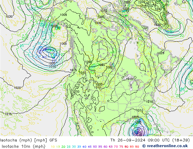 Isotachs (mph) GFS gio 26.09.2024 09 UTC