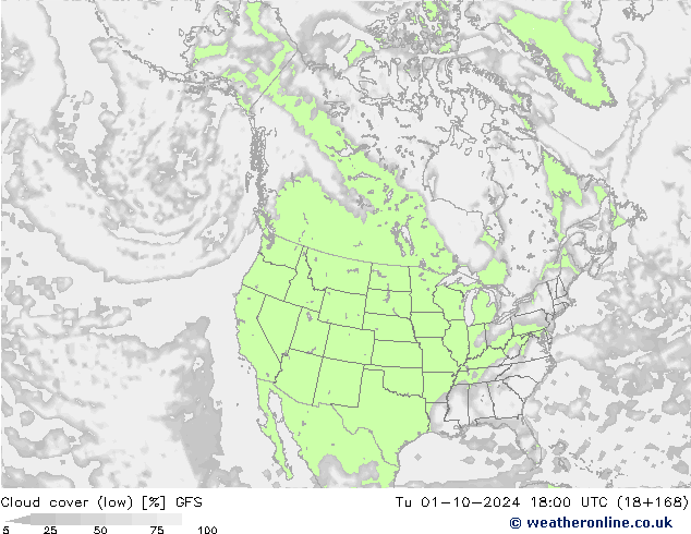 Cloud cover (low) GFS Tu 01.10.2024 18 UTC