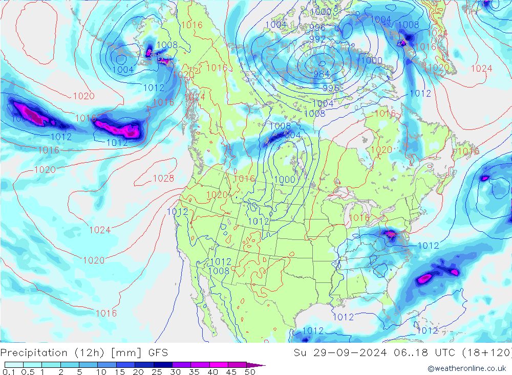 Totale neerslag (12h) GFS zo 29.09.2024 18 UTC