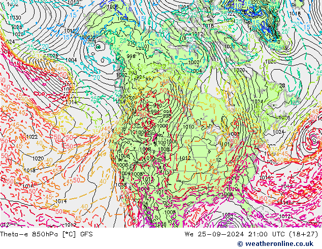 Theta-e 850hPa GFS We 25.09.2024 21 UTC