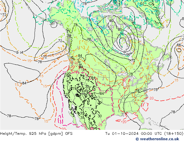 Géop./Temp. 925 hPa GFS mar 01.10.2024 00 UTC