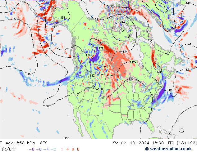 T-Adv. 850 hPa GFS śro. 02.10.2024 18 UTC