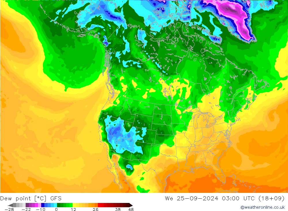 Punto di rugiada GFS mer 25.09.2024 03 UTC