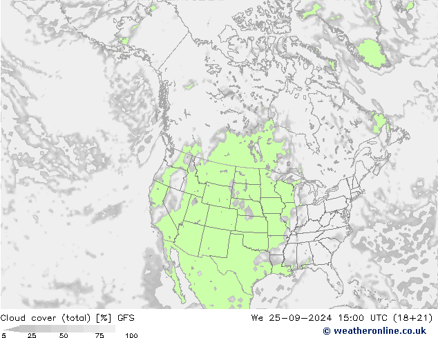 zachmurzenie (suma) GFS śro. 25.09.2024 15 UTC