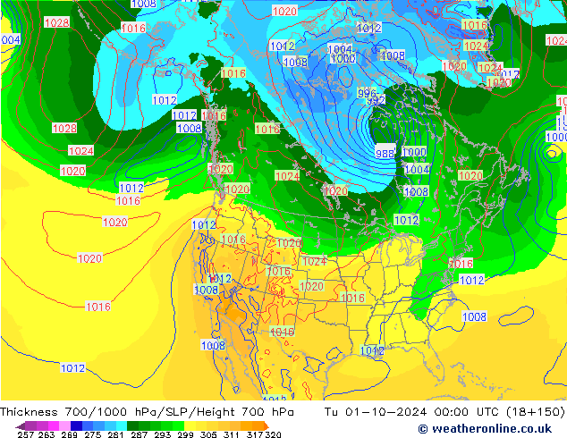 Thck 700-1000 hPa GFS  01.10.2024 00 UTC