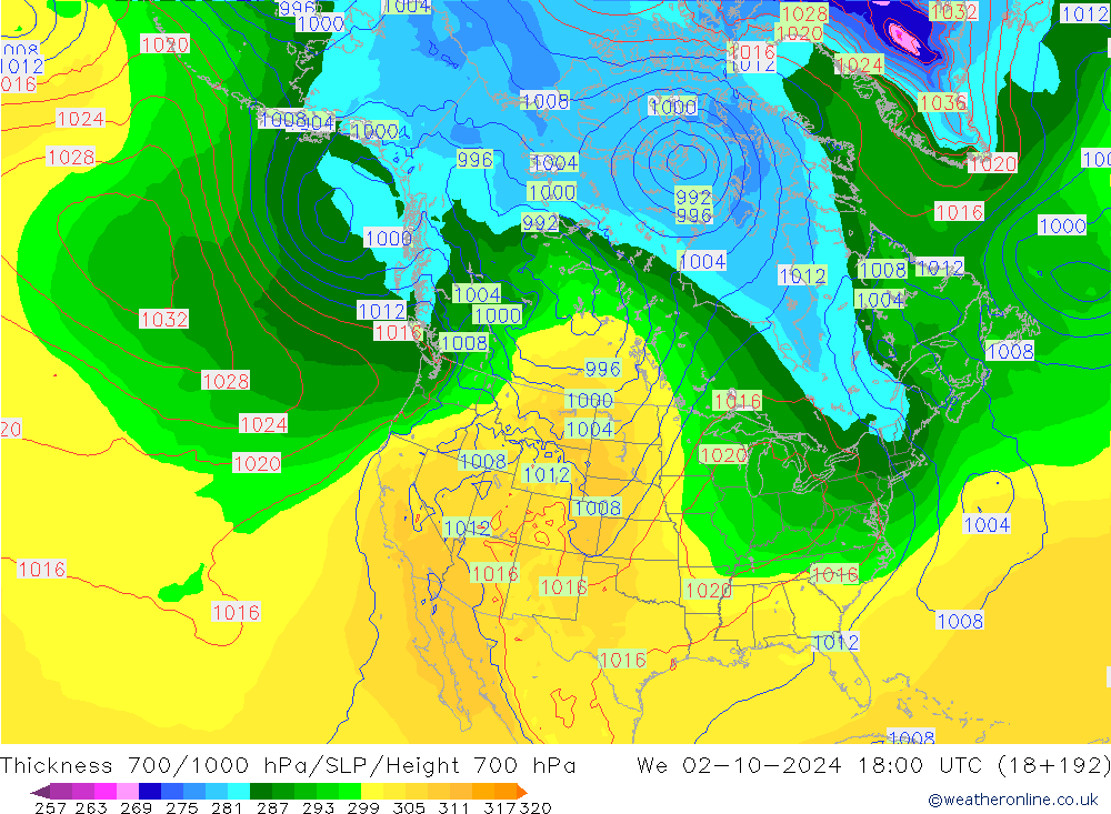 Thck 700-1000 hPa GFS We 02.10.2024 18 UTC