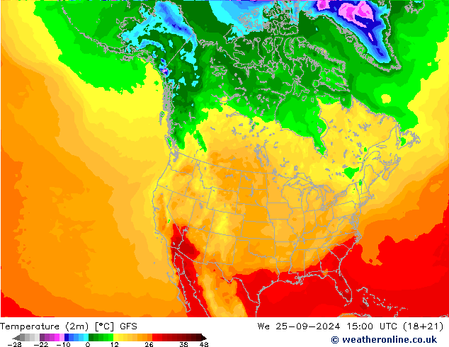 Temperatuurkaart (2m) GFS wo 25.09.2024 15 UTC