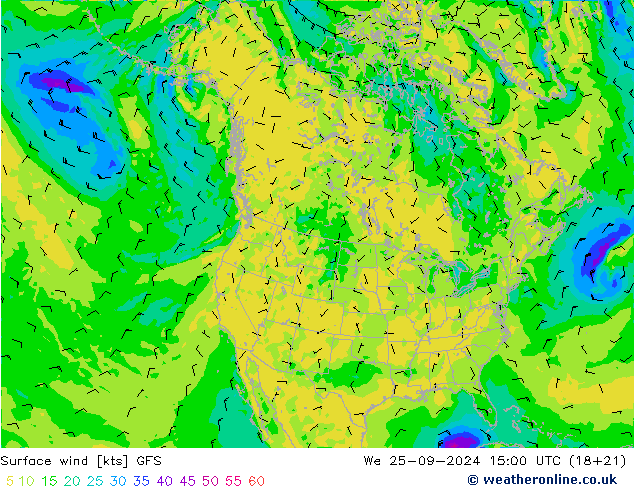 Vento 10 m GFS mer 25.09.2024 15 UTC