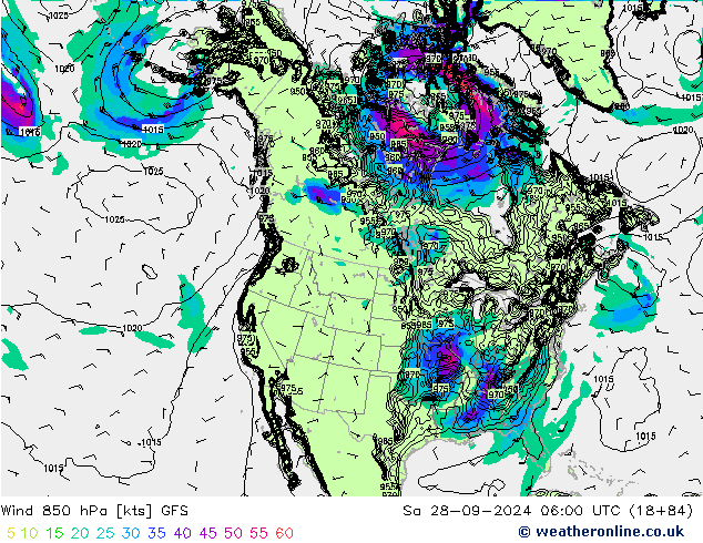 Vent 850 hPa GFS sam 28.09.2024 06 UTC