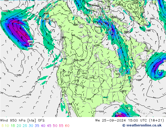 Vento 950 hPa GFS Qua 25.09.2024 15 UTC